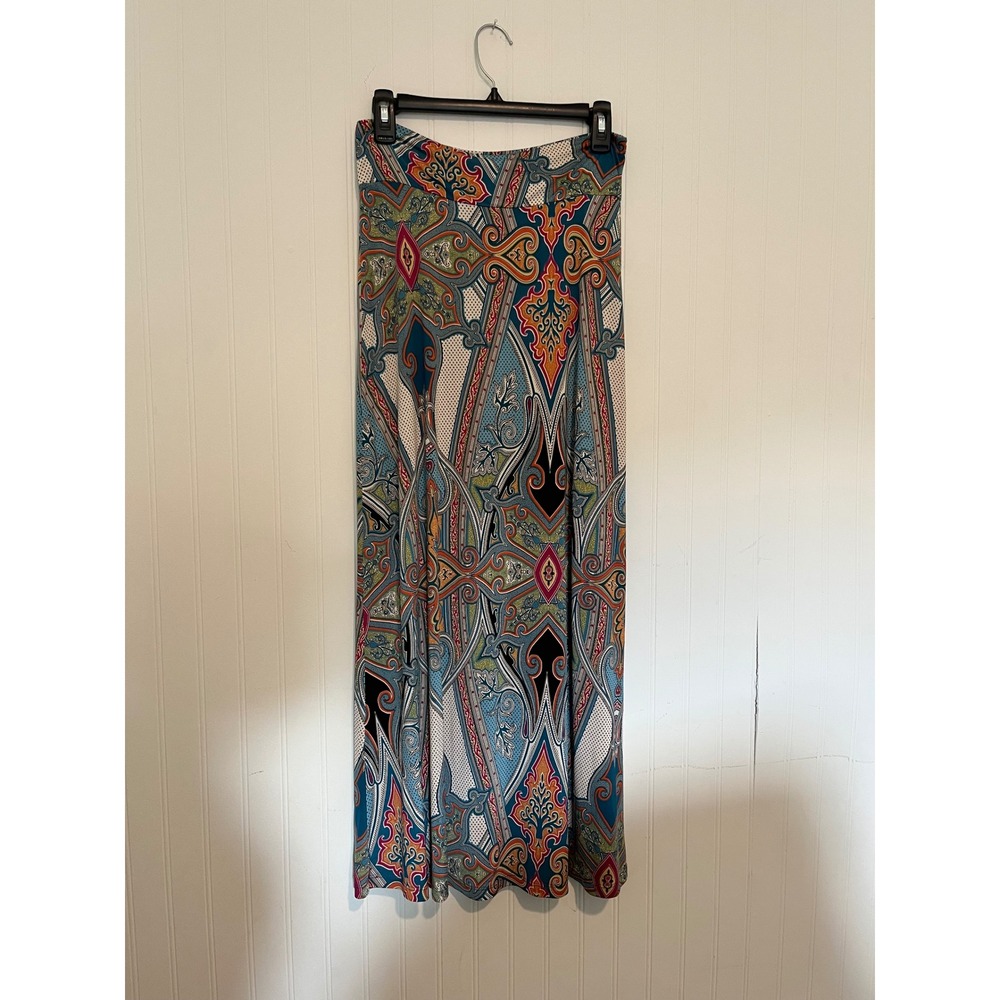 Boston Proper Womens XS Paisley Geometric Print Jersey Knit Maxi Skirt Blue